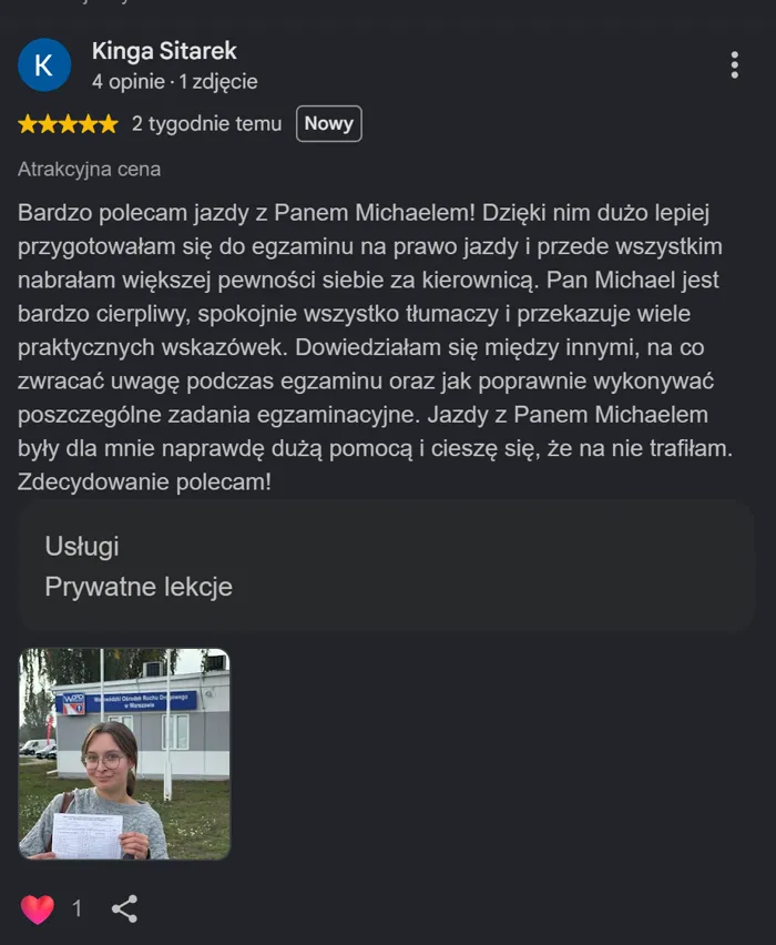 Opinia Google od kursantki Kingi — 5 gwiazdek za przygotowanie do egzaminu i pewność za kierownicą