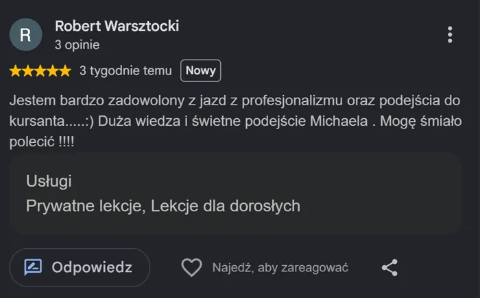 Opinia Google od kursanta Roberta — 5 gwiazdek za profesjonalizm i podejście do kursanta