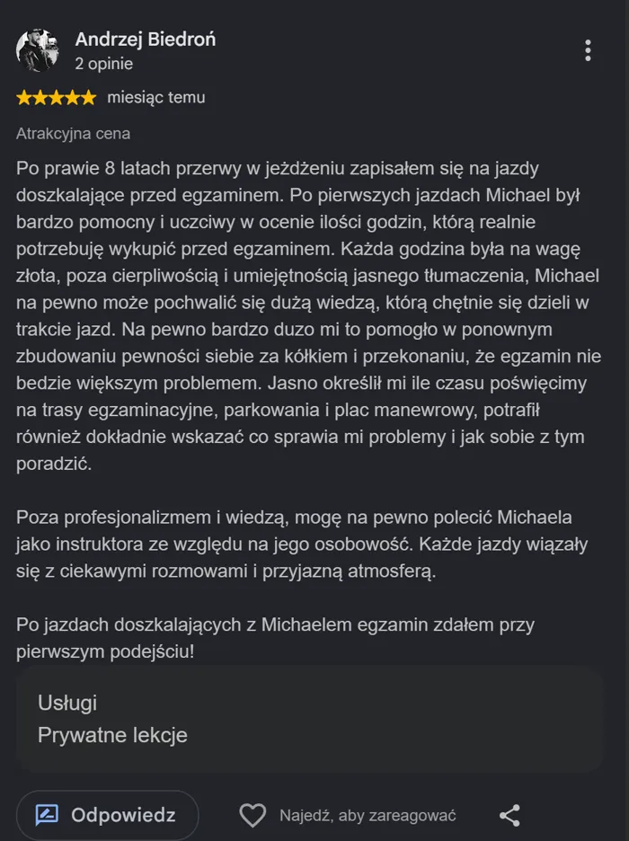 Opinia Google od Andrzeja — powrót do jazdy po 8 latach przerwy i zdany egzamin za pierwszym podejściem