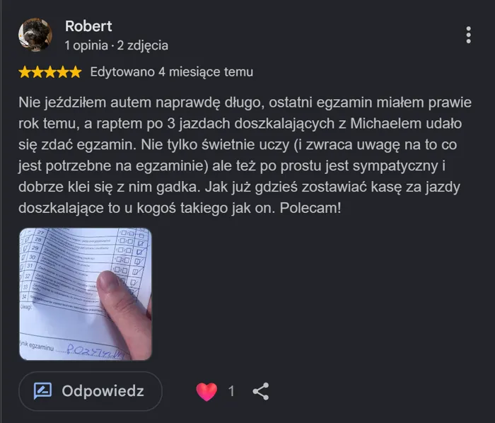 Opinia Google od Roberta — zdany egzamin po trzech jazdach doszkalających