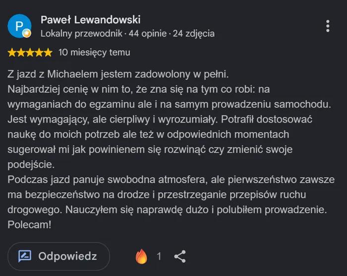 Opinia Google od Pawła — wymagający, ale cierpliwy instruktor