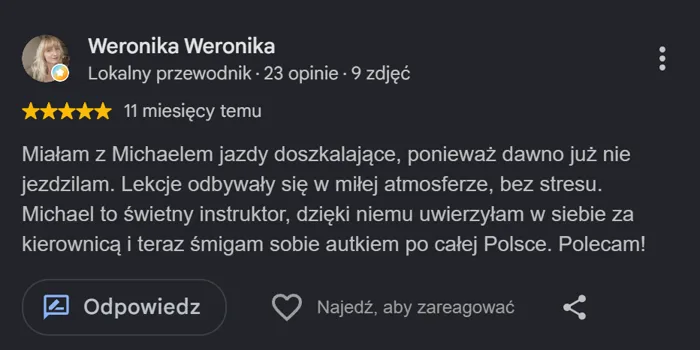 Opinia Google od Weroniki — jazdy doszkalające po długiej przerwie w prowadzeniu