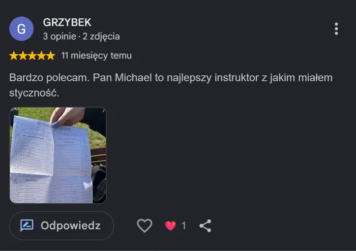 Opinia Google — najlepszy instruktor, ocena 5 gwiazdek