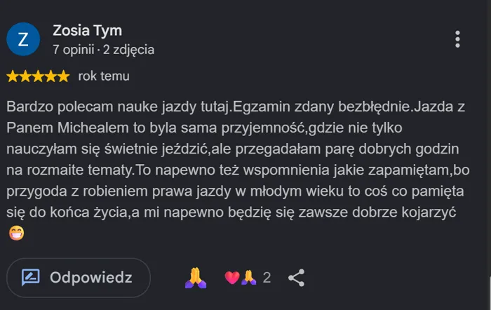 Opinia Google od Zosi — egzamin zdany bezbłędnie