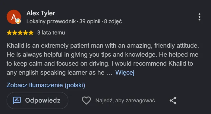 Google review in English — patient instructor, passed the driving exam
