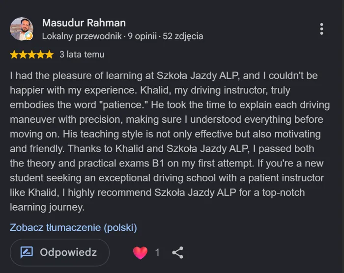 Google review in English — passed theory and practical exam on the first attempt
