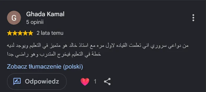 Opinia Google po arabsku — nauka jazdy z instruktorem mówiącym po arabsku