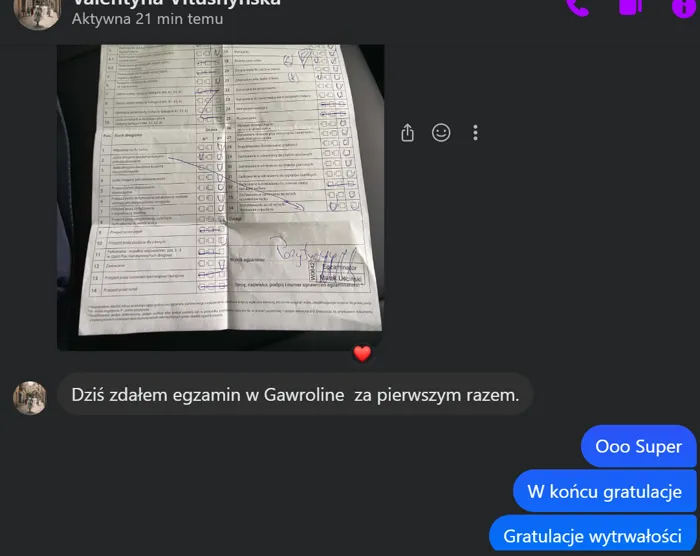 Wiadomość od kursanta — zdany egzamin w Garwolinie za pierwszym razem