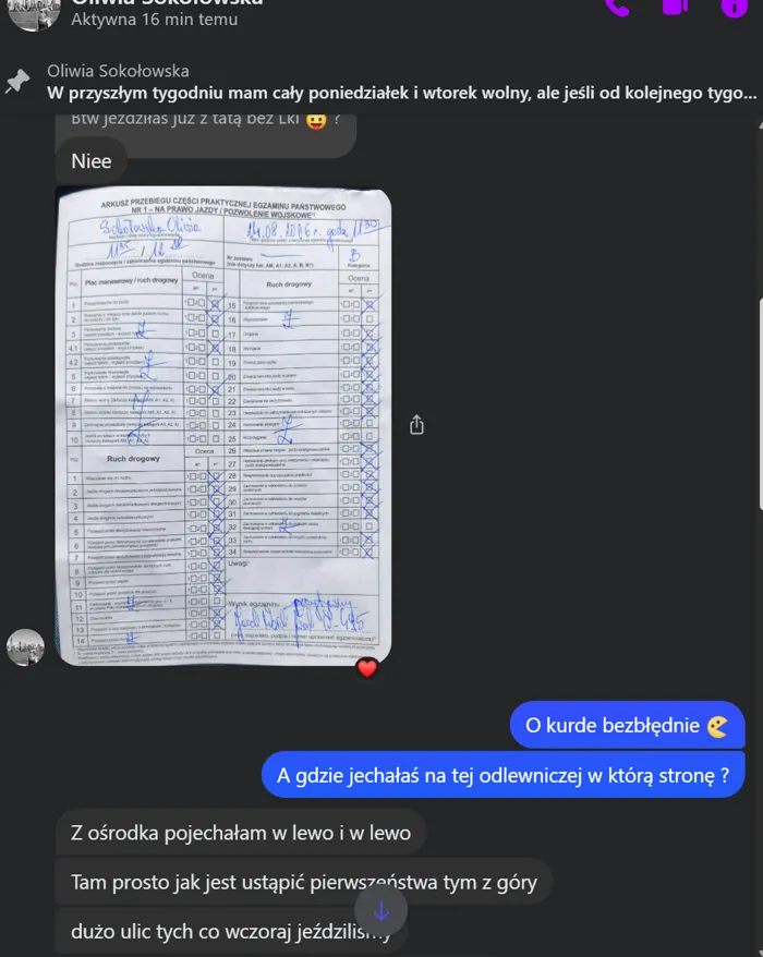 Wiadomość od kursantki Oliwii — egzamin zdany niemal bezbłędnie