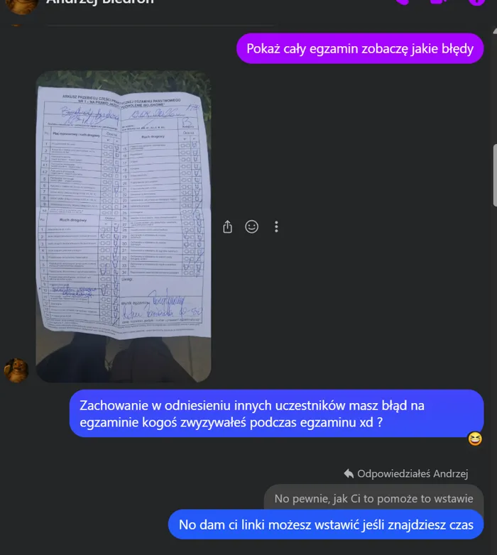 Wiadomość od kursanta Andrzeja — zdany egzamin praktyczny