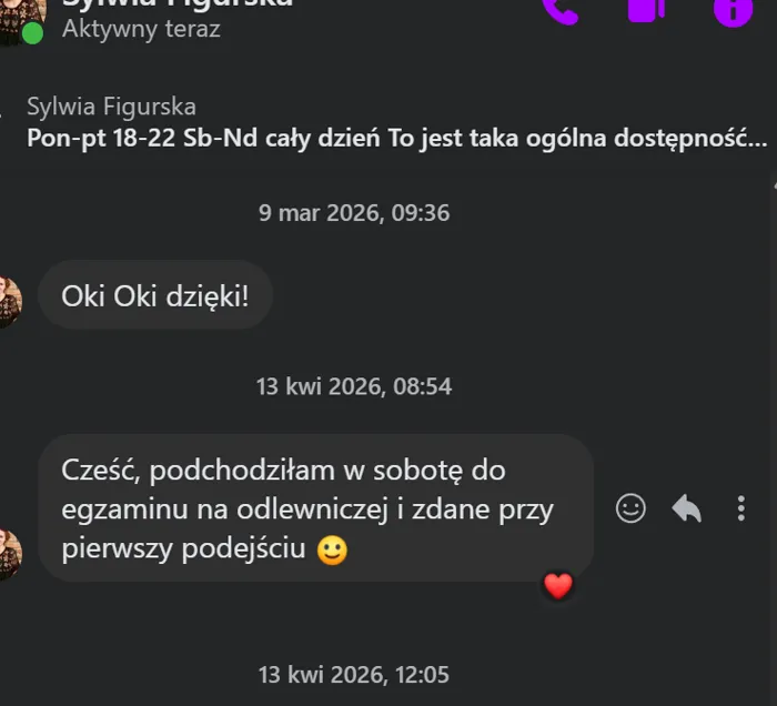 Wiadomość od kursantki Sylwii — zdane przy pierwszym podejściu na Odlewniczej