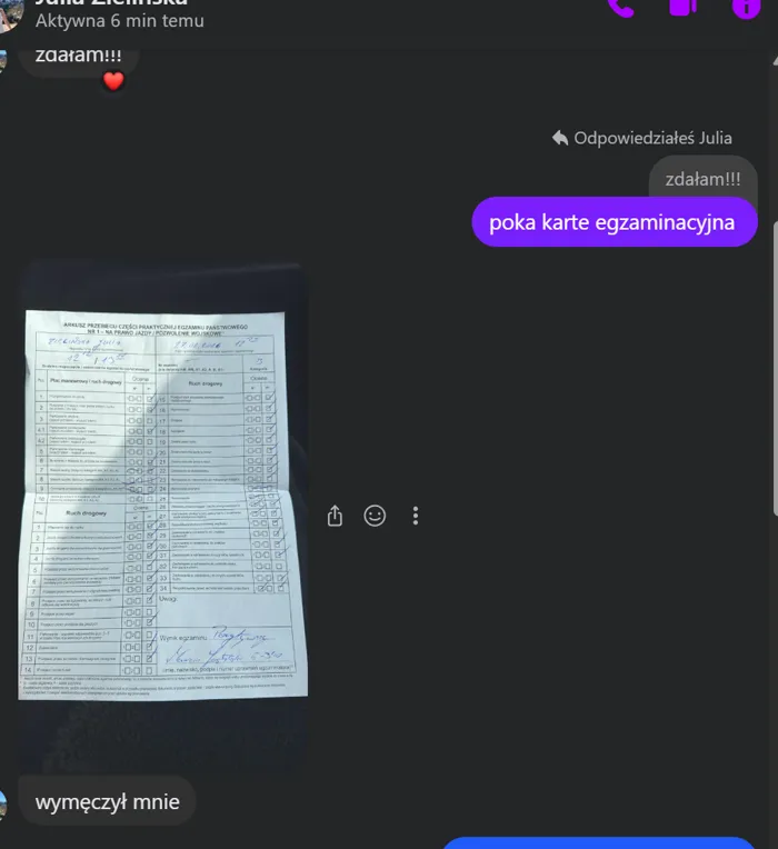 Wiadomość od kursantki Julii — zdany egzamin