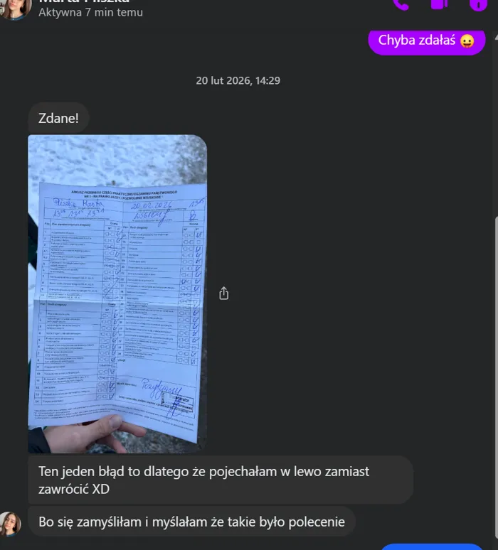 Wiadomość od kursantki Marty — zdany egzamin z jednym błędem