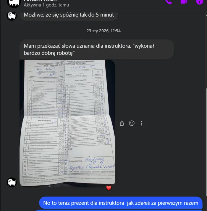 Wiadomość od kursanta Antoniego — słowa uznania od egzaminatora dla instruktora