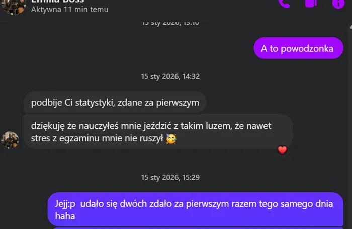 Wiadomość od kursantki — zdane za pierwszym razem, bez stresu na egzaminie