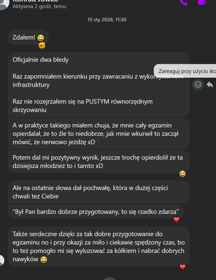 Wiadomość od kursanta Konrada — pochwała egzaminatora za dobre przygotowanie