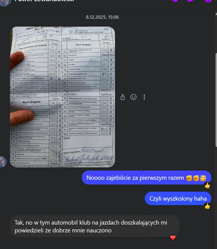 Wiadomość od kursanta Pawła — zdany egzamin za pierwszym razem